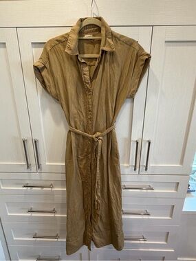 Faherty Khaki Button-Front Midi Shirt Dress with Waist Tie